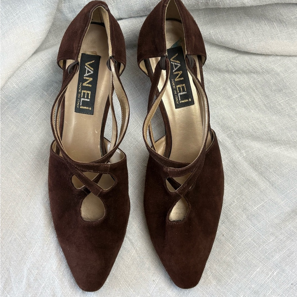 Van Eli Chocolate Brown Suede Pointed Toe Crisscross Slingbacks